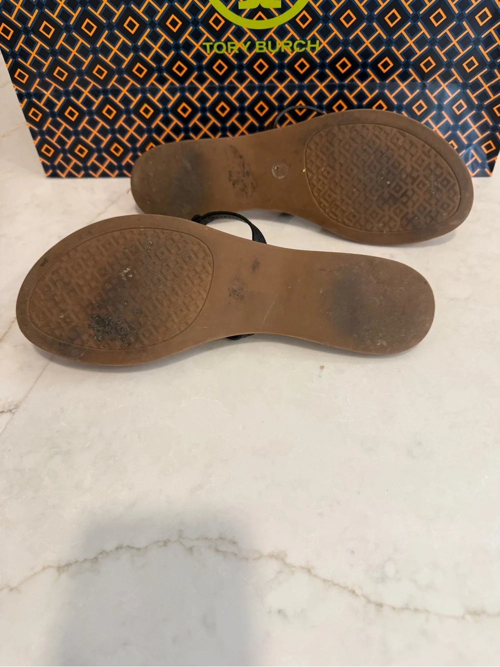 Tory Burch Black Logo Thong Sandals with Brown Footbed